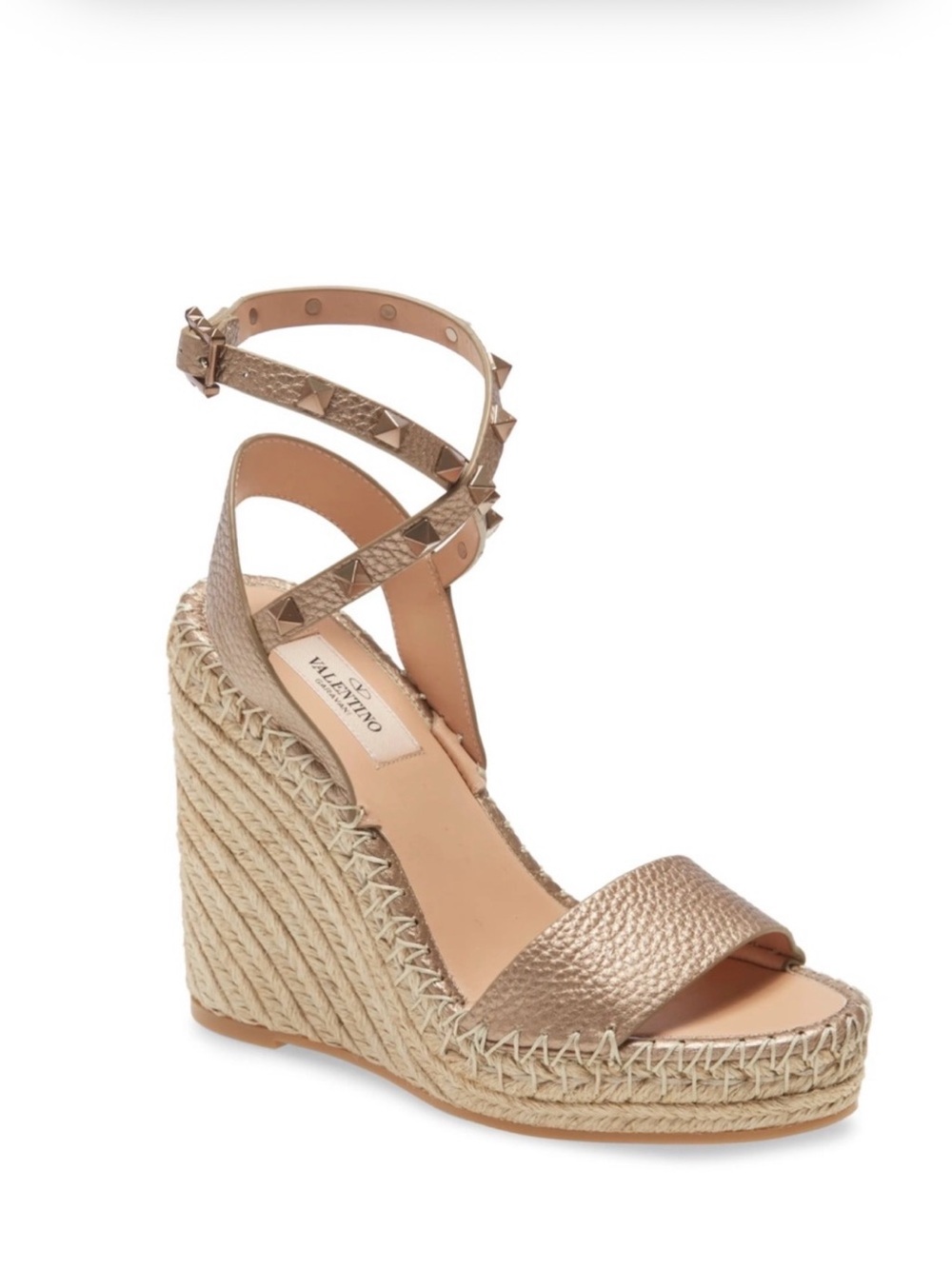 Valentino Rockstud Skin Ankle Strap Espadrille Platform Wedge Sandal Heel